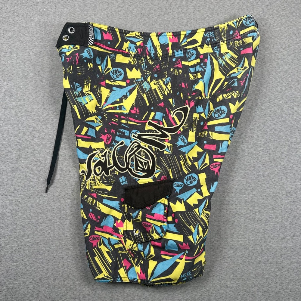 Y2K Volcom Board Shorts Mens 34 Black Neon Abstract Graphic Print Surf Trunks